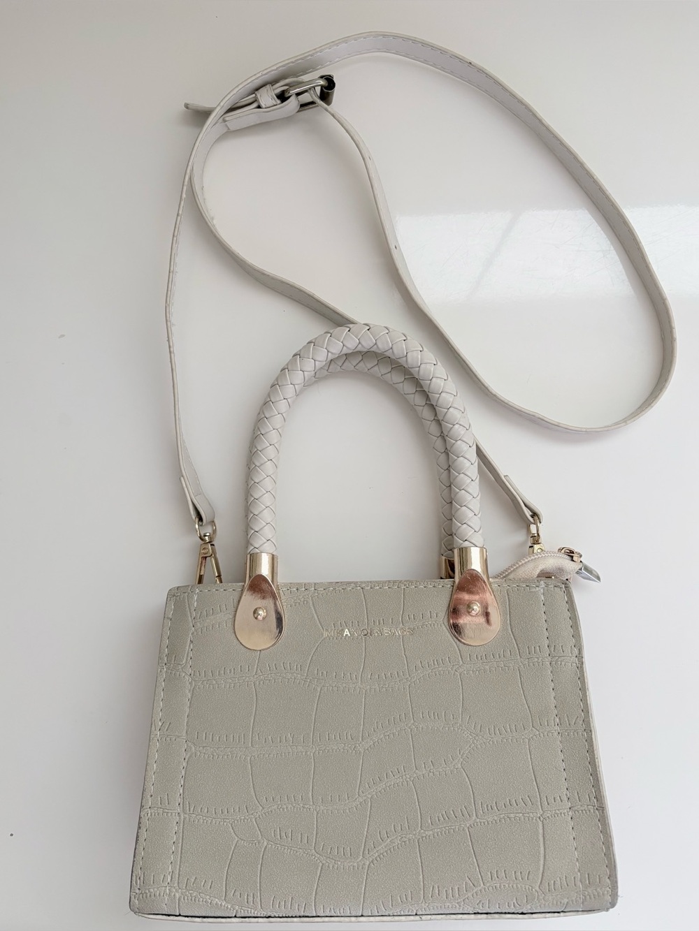 Women’s Cream Croc-Embossed Top-Handle Bag with Removable Strap Zipper Closure